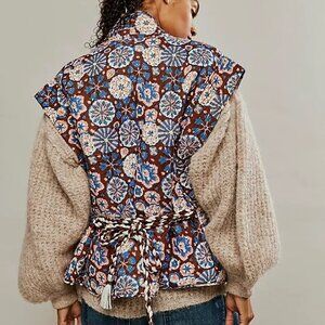 Free People Quilted Floral Belted Vest in Brown, Blue, Pink